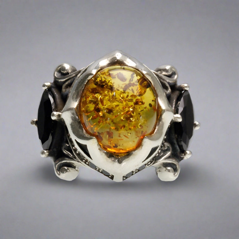 The Allfather - Premium Sterling Silver Ring inlaid with Amber