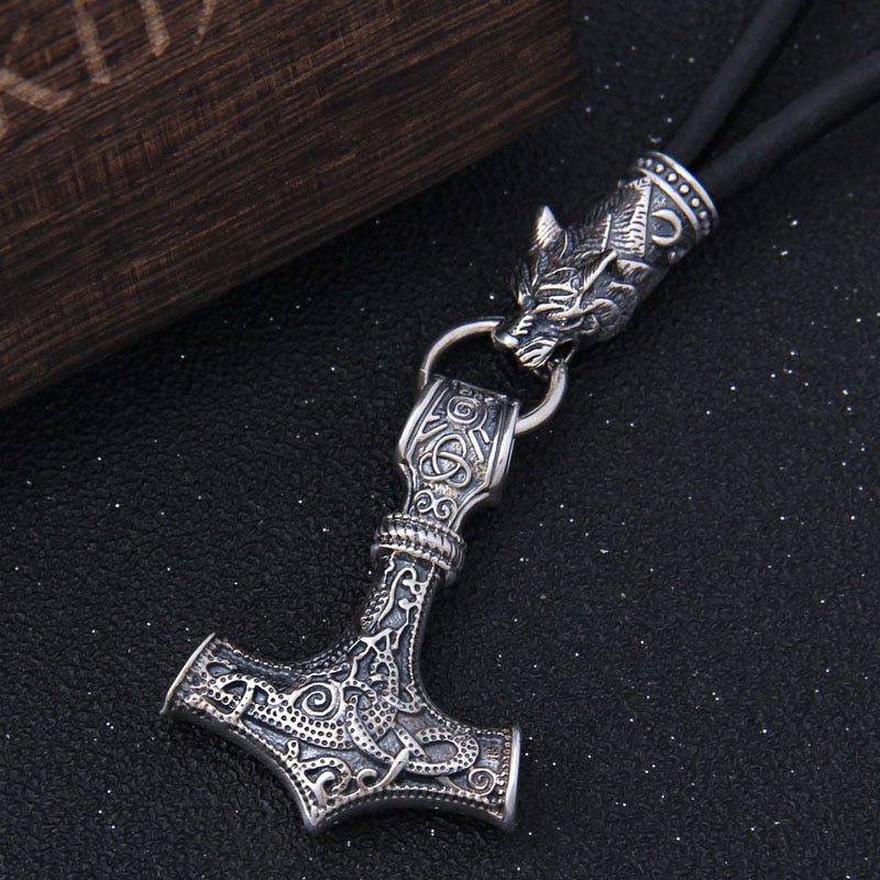 Chain of Power - Sterling Silver Mjolnir and Fenrir Necklace