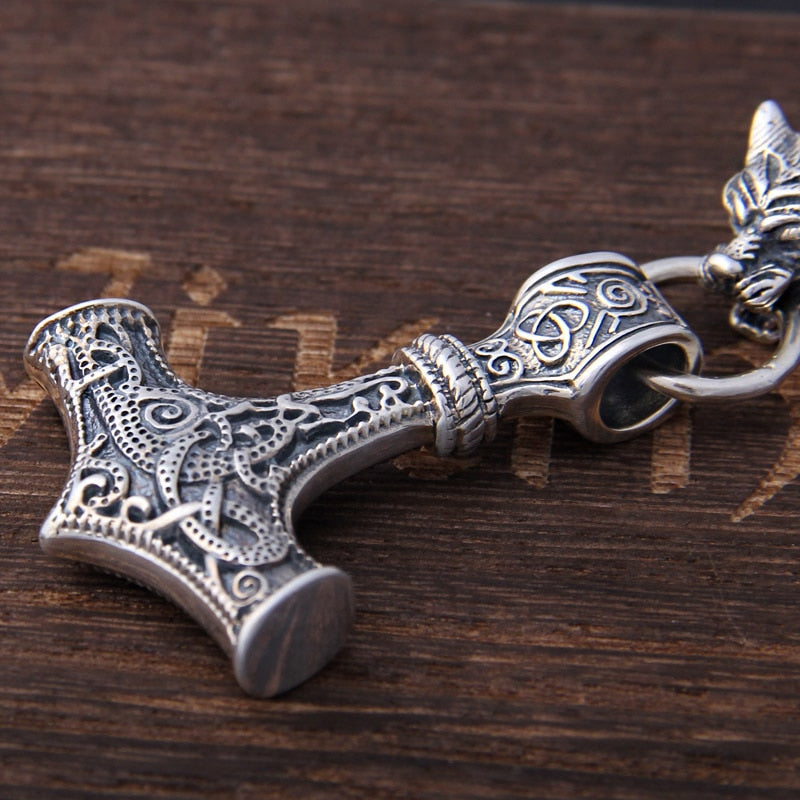 Chain of Power - Sterling Silver Mjolnir and Fenrir Necklace