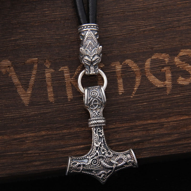 Chain of Power - Sterling Silver Mjolnir and Fenrir Necklace
