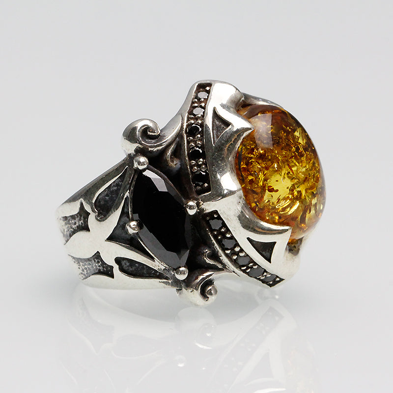 The Allfather - Premium Sterling Silver Ring inlaid with Amber
